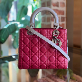 DIOR Lady Dior Medium Pink Gray Color Block Cannage Lambskin Tote
